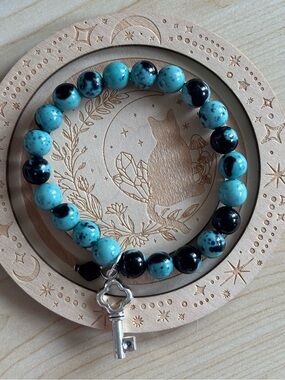 Blue & Black Jasper Beaded Bracelet with Key Charm
